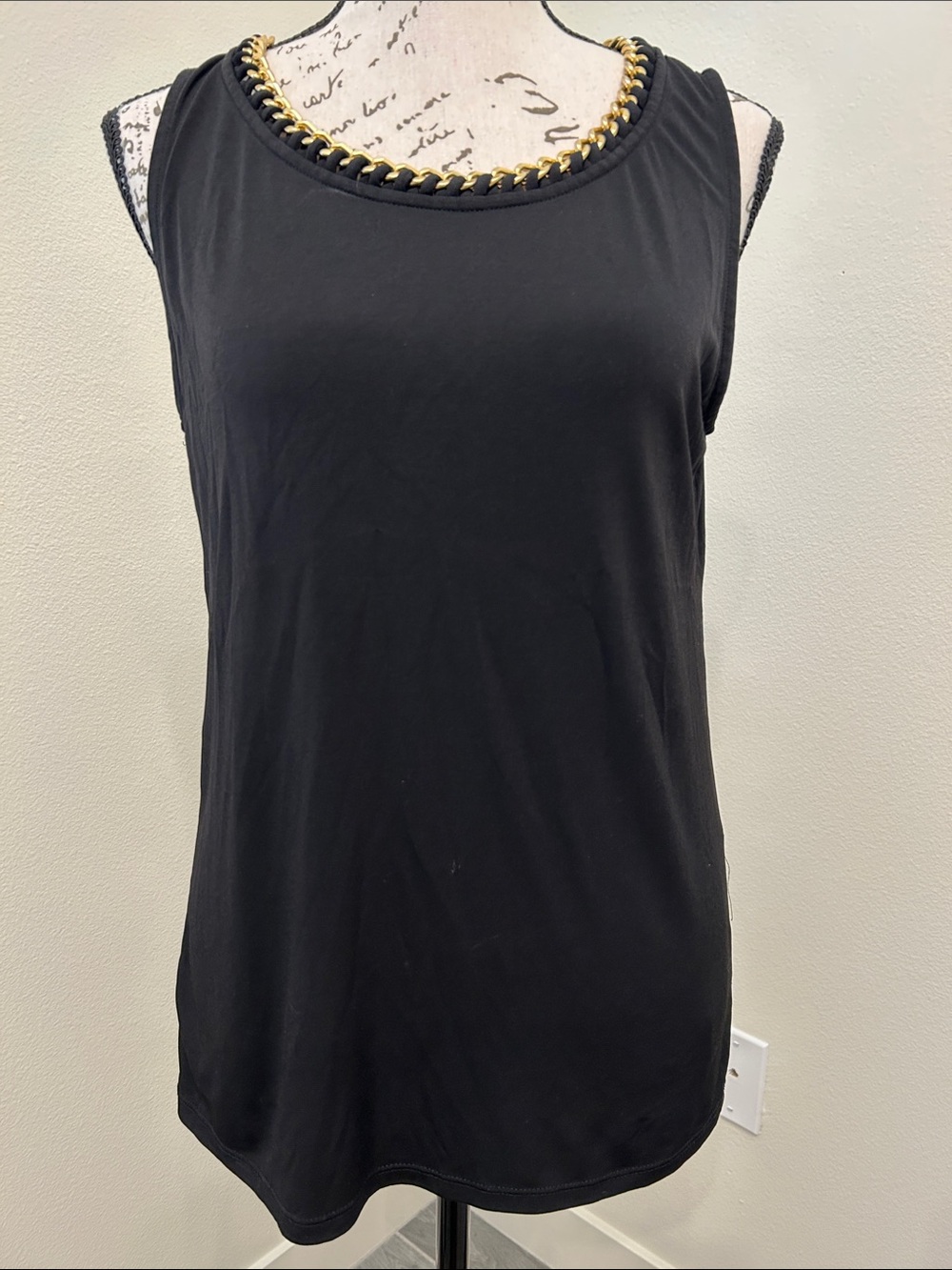 Michael Kors Black Sleeveless Tank with Gold Chain Trim